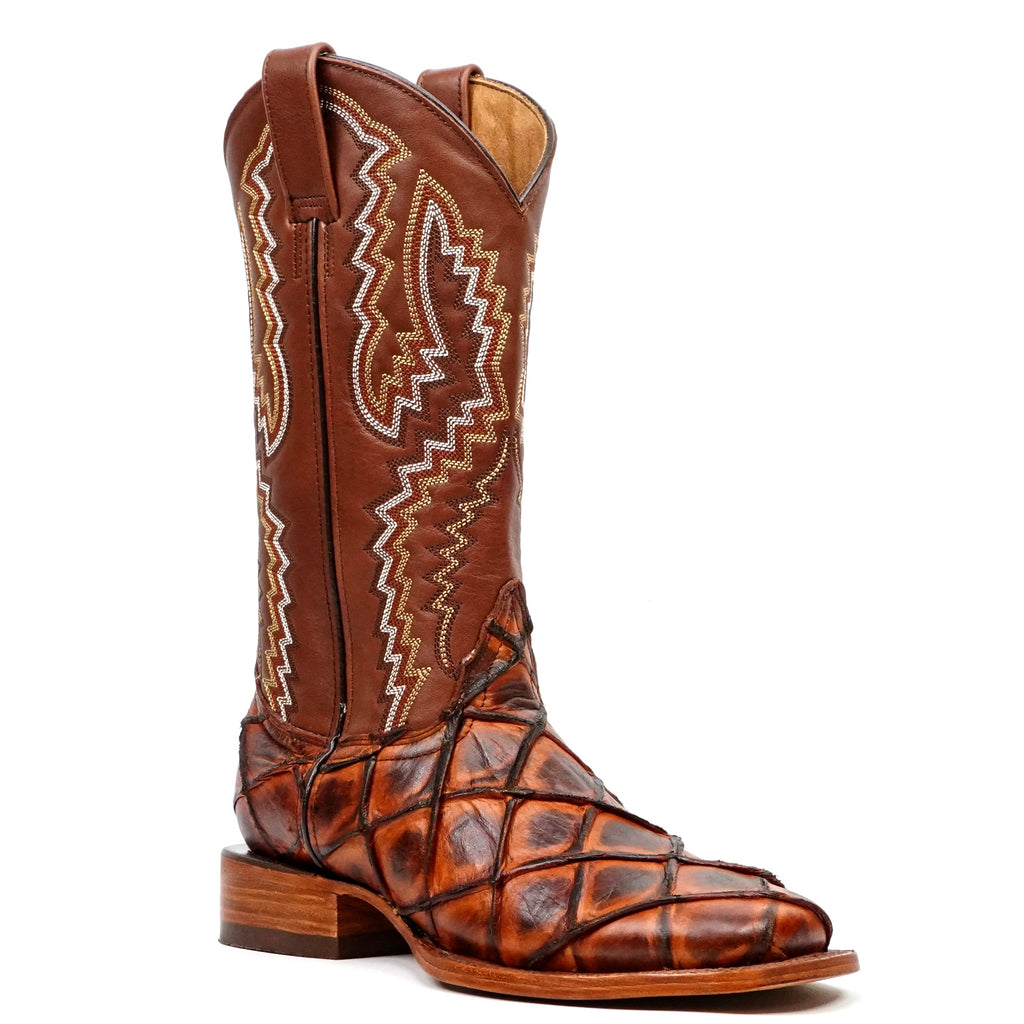 Pirarucu Fish Cognac Boots - Embossed Leather - Square Toe (E963) - Gomez Western Wear