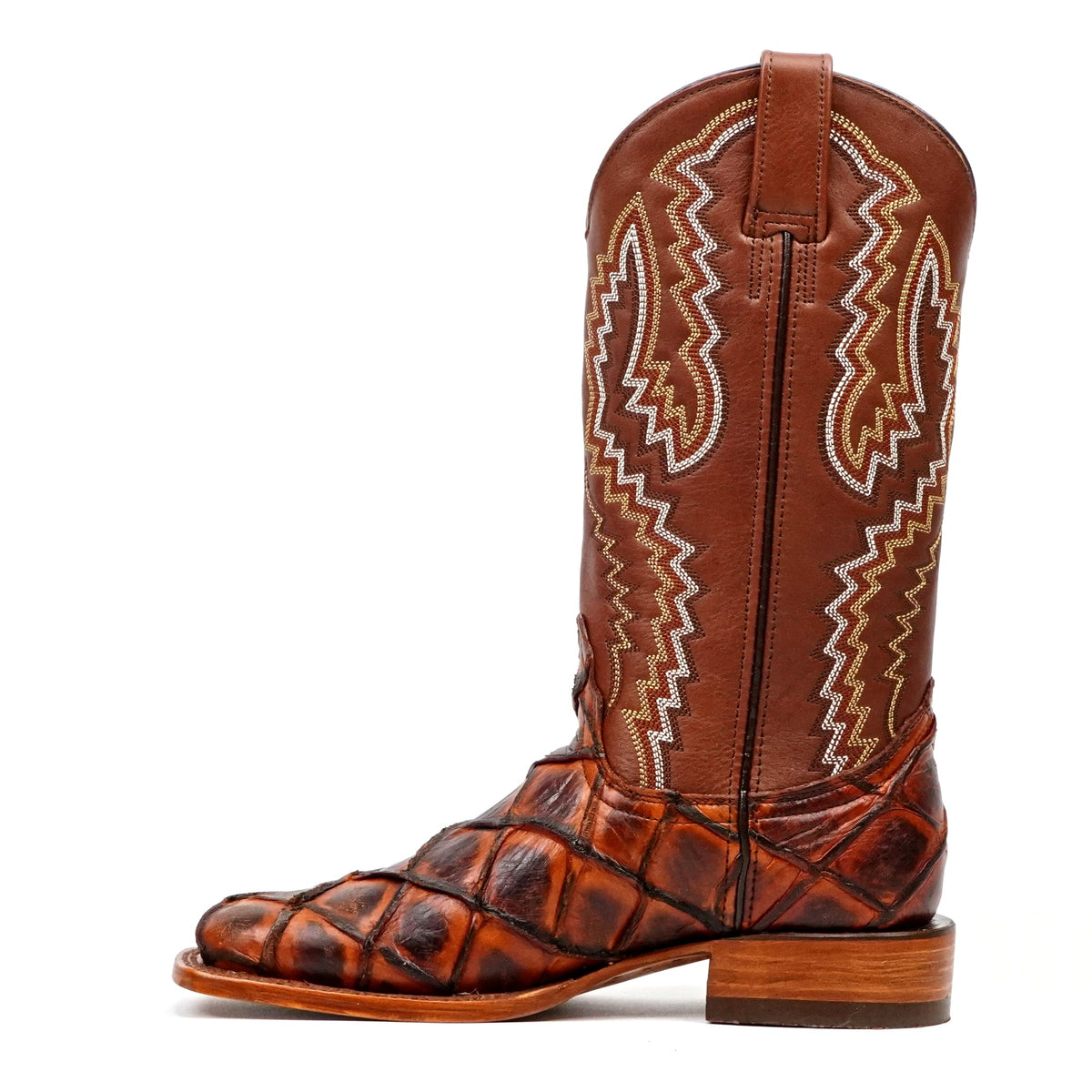 Pirarucu Fish Cognac Boots - Embossed Leather - Square Toe (E963) - Gomez Western Wear
