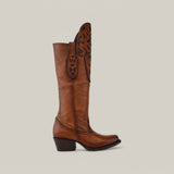 From the Platinum Collection, the California Tall Shaft Honey cowboy boot boasts a low heel, intricate cut-out designs on its extended black leather upper, and classic western style. Displayed in profile against a gray background.