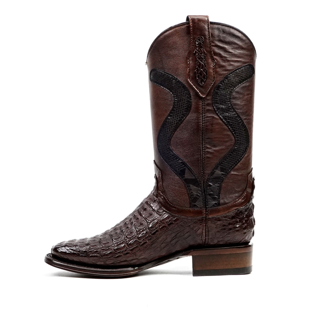 Rhodes Platinum Caiman Hornback Boots - Espresso Brown - Square Toe - Gomez Western Wear