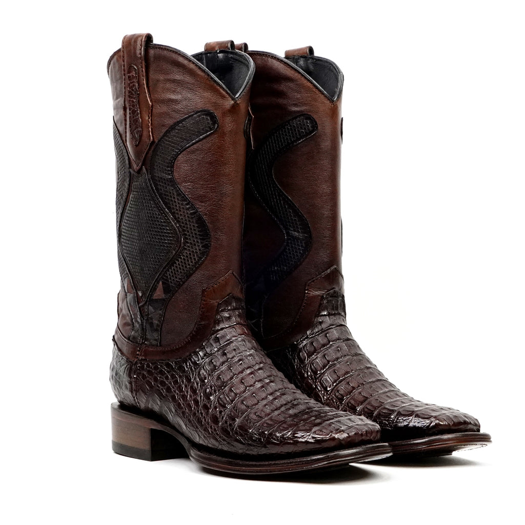 Rhodes Platinum Caiman Hornback Boots - Espresso Brown - Square Toe - Gomez Western Wear