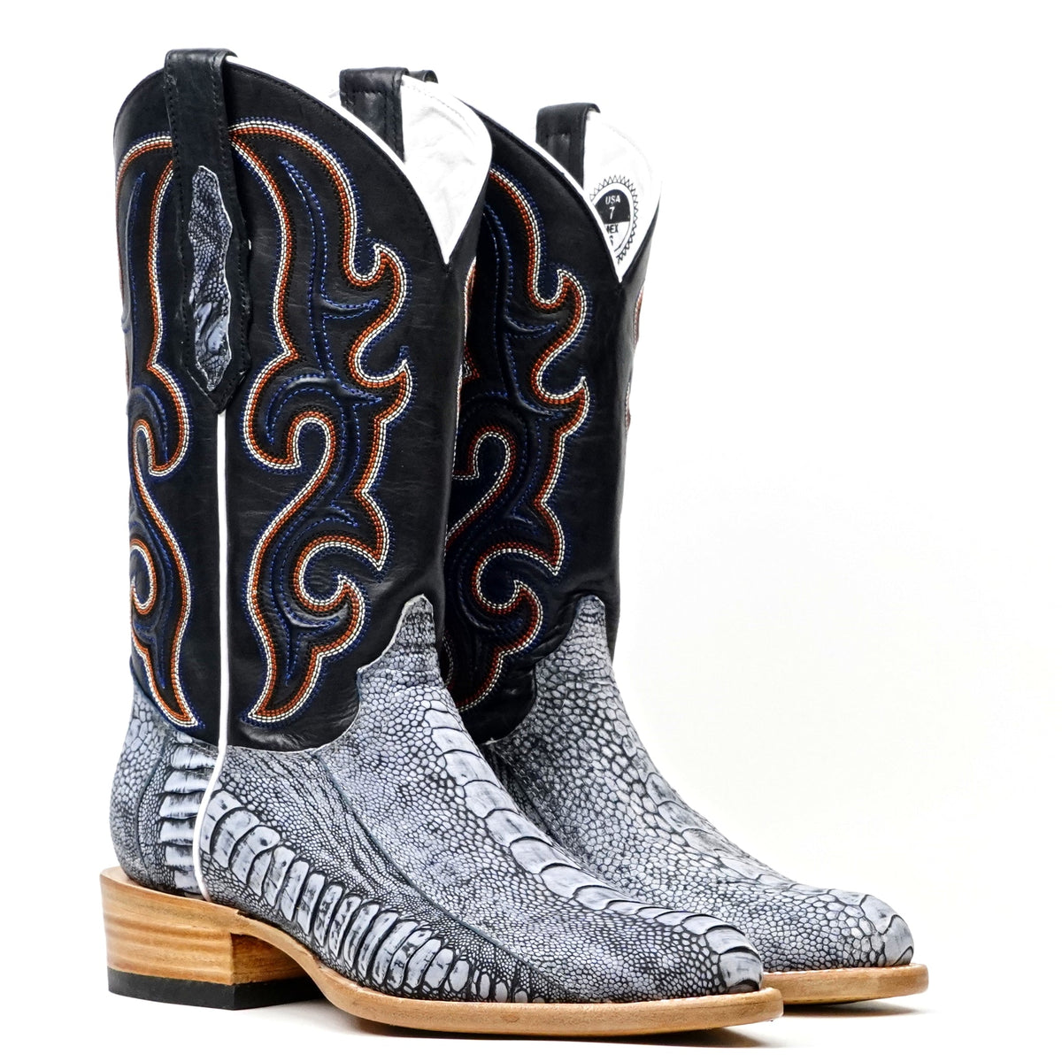 Ridge Ostrich Leg Boots - Denim Blue - Roper Toe - Gomez Western Wear
