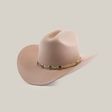 The 6X Sinaloa Belly, a light beige cowboy hat crafted from sheeps wool, showcases a wide brim and a decorative band with metallic accents. Positioned against a white background, it captures the spirit of Western heritage.