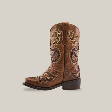 The Chantal Crystals Camel - Snip Toe is a single brown cowboy boot crafted from premium cowhide leather, featuring intricate star and swirl embroidery, complemented by a low black heel. This expertly crafted piece stands against a plain white background.