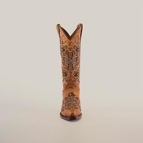 The Alamo Camel Crystals boot, with its snip toe and detailed stitching featuring decorative cross patterns, stands upright against a plain white background.