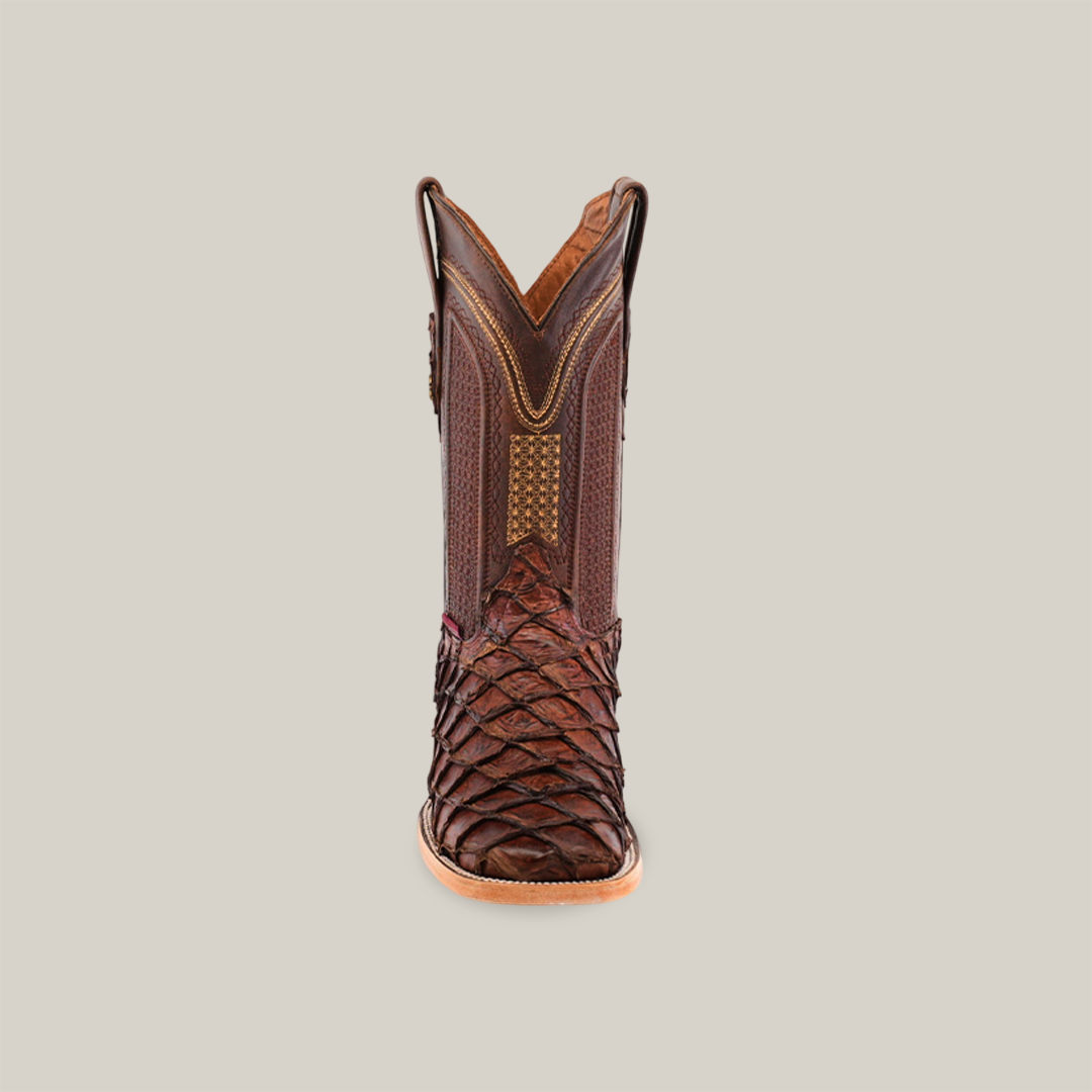 Front view of an Exotic Piraruco Fish boot, Matte Brown with a square toe, showcasing intricate stitching and textured pattern, set against a plain white background.