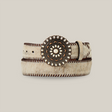 The Nocona Western Womens Belt (N320006237) combines beige and brown calf hair leather with a large decorative circular buckle featuring intricate patterns, small pearl-like embellishments, and dark brown stitched edges for a touch of western elegance.