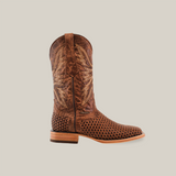 A premium cowhide leather cowboy boot features intricate patterns and embroidery with a Texas Basket Weave Orix texture on the lower part. It has a wooden heel and pointed toe, presented against a plain white background.