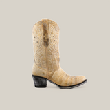 The Cowhide Hortus Rustic White boot, with a round toe and mid shaft, is crafted from tan cowhide leather. It features intricate stitching against a white backdrop, complemented by a moderately high heel for a classic western appeal.