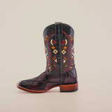 The Exotic American Alligator Patchwork Black Cherry Square Toe boot features intricate multicolored stitching, decorative patterns, a touch of black cherry hue, a slight heel, pointed toe, and leather pull strap against a plain white background.