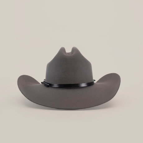 The 6X Dallas Oxford is a wide-brimmed gray cowboy hat, exuding Western sophistication with a black band around its crown, crafted from premium sheep wool, and photographed against a plain white background.