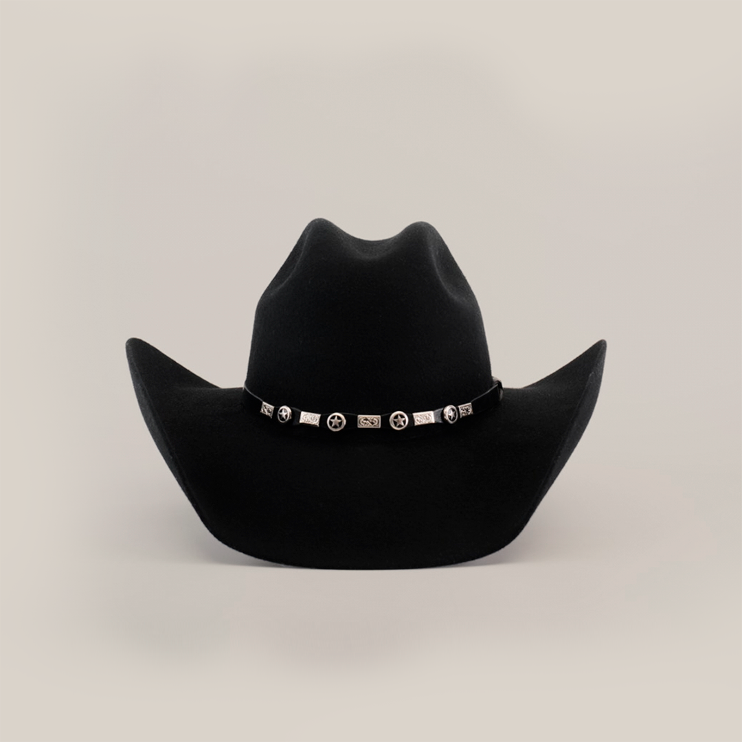 The 6X Chihuahua Black cowboy hat features a decorative band with silver conchos and designs, all on a plain white background.