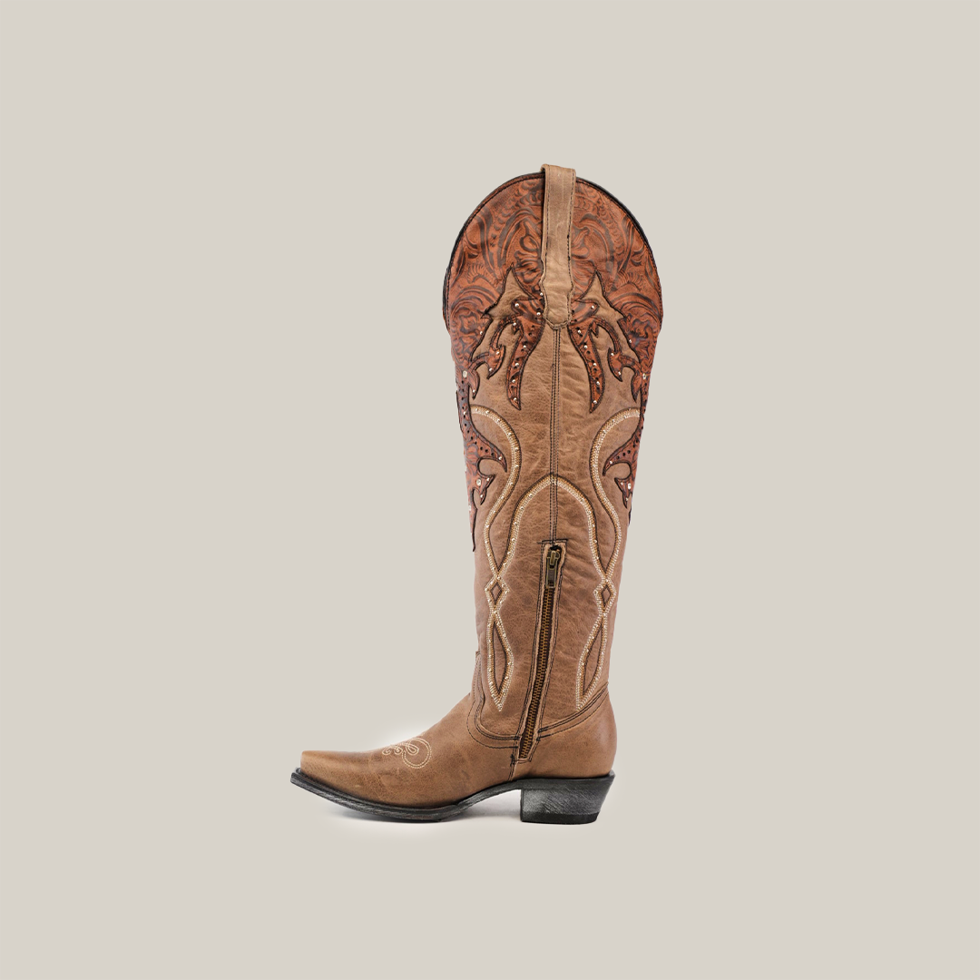 The Miriam Cappuccino - Tall Shaft - Snip Toe boot is a brown cowboy masterpiece with intricate floral embroidery and stitching. Featuring a side zipper, pointed toe, and black heel, its elegantly set against a white background.