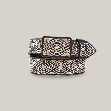 The Artisanal Handmade Silver Belt Crossed is a stylish accessory featuring an intricate woven pattern with intersecting loops and diamond shapes in light and dark shades, creating a detailed, textured look. It offers an elegant style enhanced by luxury artisanal craftsmanship.