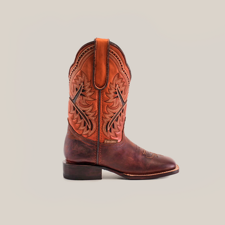 Azkar Moka Square Toes brown leather cowboy boot features intricate shaft embroidery, a sturdy dark low heel, and pull tab. Crafted from premium materials against a plain white background, its slightly pointed toe enhances its classic elegance.