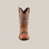 The Kiara Studs Fawn - Square Toe is a single brown cowboy boot crafted from premium leather, showcasing intricate embroidery and decorative stitching on the shaft, viewed from the front against a white background. Ideal for fashion-forward young girls seeking to add a Western flair.