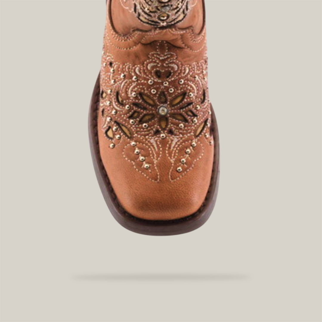 Top view of the Kiara Studs Fawn - Square Toe cowboy boot, made from premium light brown leather with floral embroidery and studs on the toe and shaft, ideal for stylish young girls. Displayed against a white background.