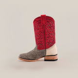 The Cowhide Hair Pinto Square Toe boot showcases a textured gray and brown hair-on-hide lower half with a vibrant red upper shaft adorned with intricate patterns. It features a square toe design and heel in natural wood tones, all set against a plain white background.