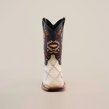 A single Exotic American Alligator Patchwork Bone Square Toe cowboy boot is shown facing forward on a white background, featuring a dark shaft with colorful geometric embroidery and a light-colored textured foot resembling alligator skin.