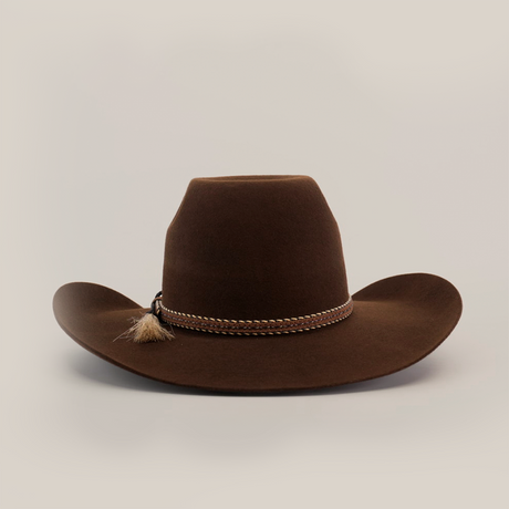 The 6X Brazil Brown cowboy hat features a wide brim and a braided band with a tassel, crafted from premium Brazilian felt, on a plain white background.