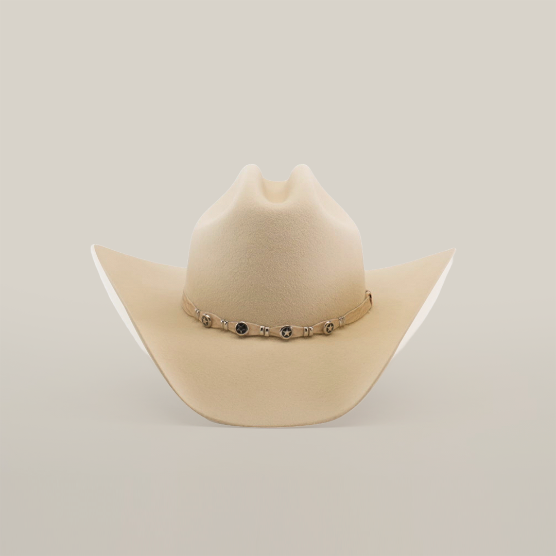 The 6X Country Bone is a Western classic cowboy hat made from premium beige sheep wool felt, featuring a wide brim with a decorative band adorned with small metal accents on a plain white background.