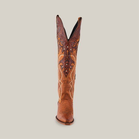 The Miriam Brick - Tall Shaft - Snip Toe boot is showcased upright on a white background, featuring intricate floral embroidery with red and brown accents. Its crafted from premium brown leather with a pointed toe, making it an elegant addition to any womens boot collection.