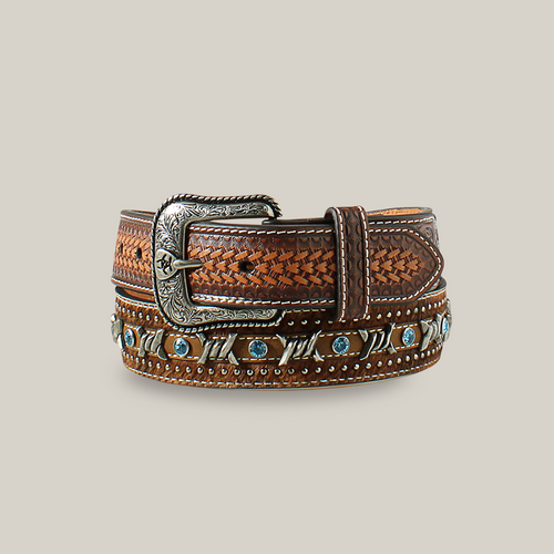 Ariat Men's Brown Barbed Wire and Calf Hair with Light Blue Studs Western Belt - A1027202