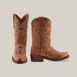 The Carola Tabaco - Snip Toe, premium brown leather cowboy boots with intricate white embroidery on the shafts and toes, are placed side by side against a plain white background.