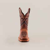 The Fresno Shedron Slip Resistant Sole Rodeo Toe cowboy boot features intricate stitching and pull tabs on both sides. Its showcased with a rodeo toe against a plain white background.