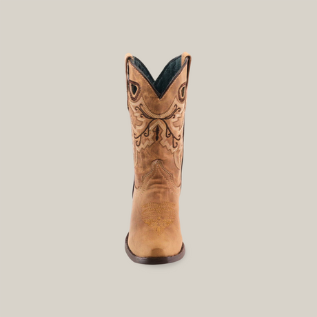 Front view of the Matcat Fawn - Snip Toe cowboy boot, handcrafted from premium tan leather, showcasing intricate embroidery on the shaft. Set against a white background, it features a dark heel and toe with a slightly pointed snip toe shape.