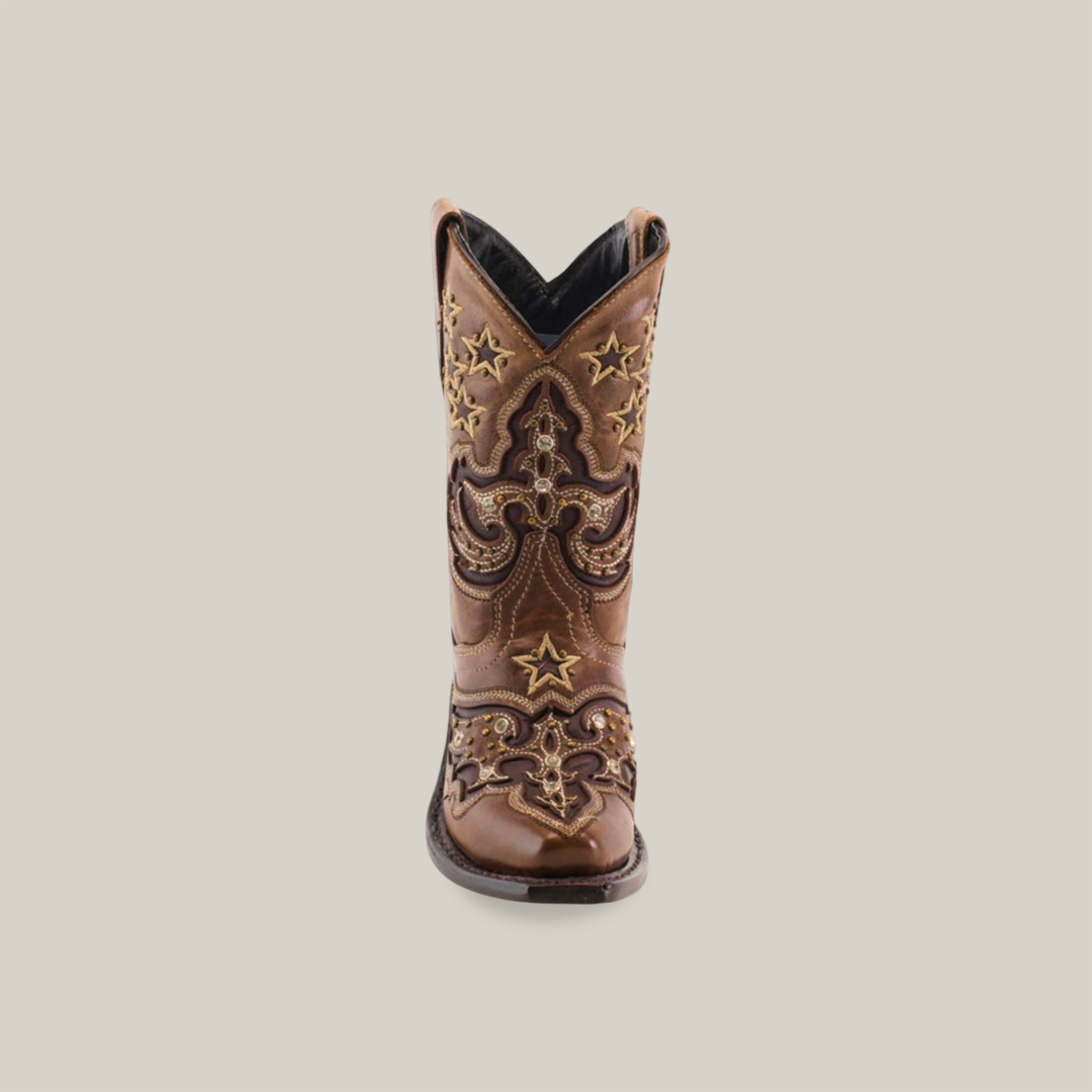 Front view of the Chantal Crystals Camel - Snip Toe cowboy boot in brown cowhide leather, with intricate floral and star embroidery on the shaft and toe. The glossy finish highlights expert craftsmanship, allowing it to stand upright against a plain white backdrop.