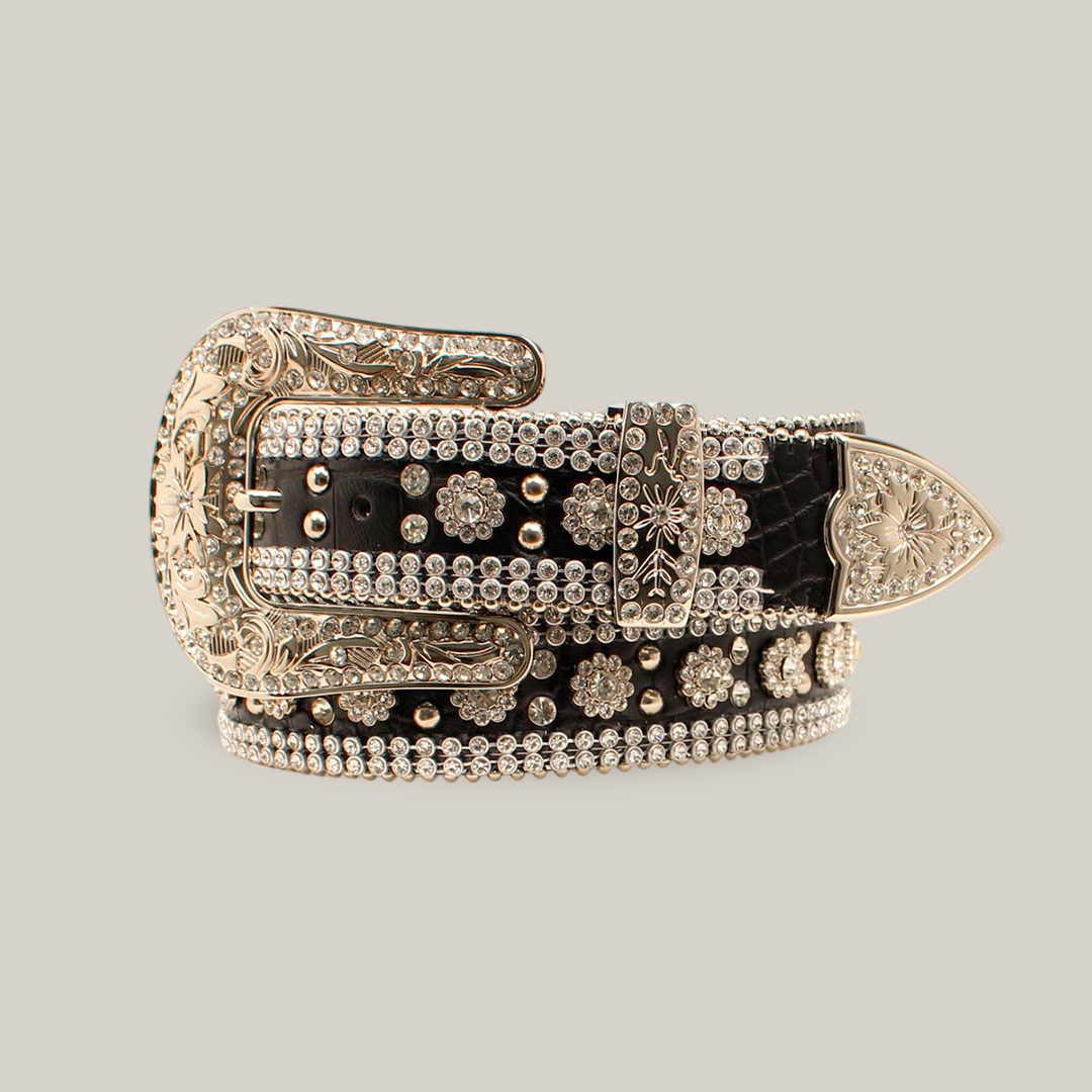 Embrace Western elegance with the Angel Ranch Womens Black Gator Print Crystal Bling Belt, offering luxurious black leather with ornate silver detailing, floral engravings, and shiny metallic accents for a premium and decorative appearance.