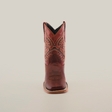 The front view of the Cheyenne Shedron Square Toe cowboy boot, crafted in genuine cowhide leather, showcases intricate stitching against a white background.