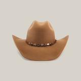 The 6X Chihuahua Fawn is a premium sheep wool cowboy hat with a wide brim and a decorative band with metal embellishments. This Western hat features a classic curved shape, set against a plain white background, exuding authentic charm.