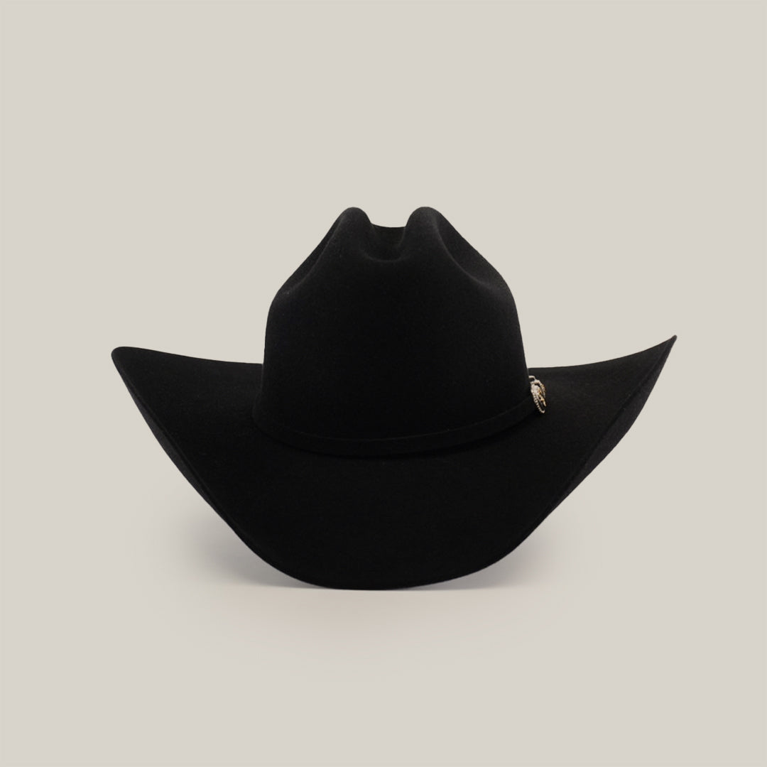 The 100X Tony Lama Black is a premium beaver fur cowboy hat with a wide brim and a decorative silver emblem on the band, epitomizing authentic Western elegance against a plain white background.