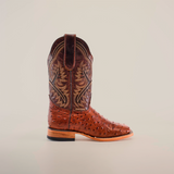 The Karoo Ostrich Print Chocolate Square Toe boot, crafted from premium materials, features a single brown cowboy boot with decorative stitching and a unique texture. Displayed in profile against a neutral background, it highlights the designs elegance.