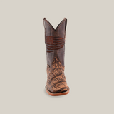 The American Alligator Print Rustic Brown - Square Toe boot is a handcrafted piece with intricate stitching and a raised American flag design, featuring a distinctive square toe against a plain white backdrop, embodying classic style and true craftsmanship.