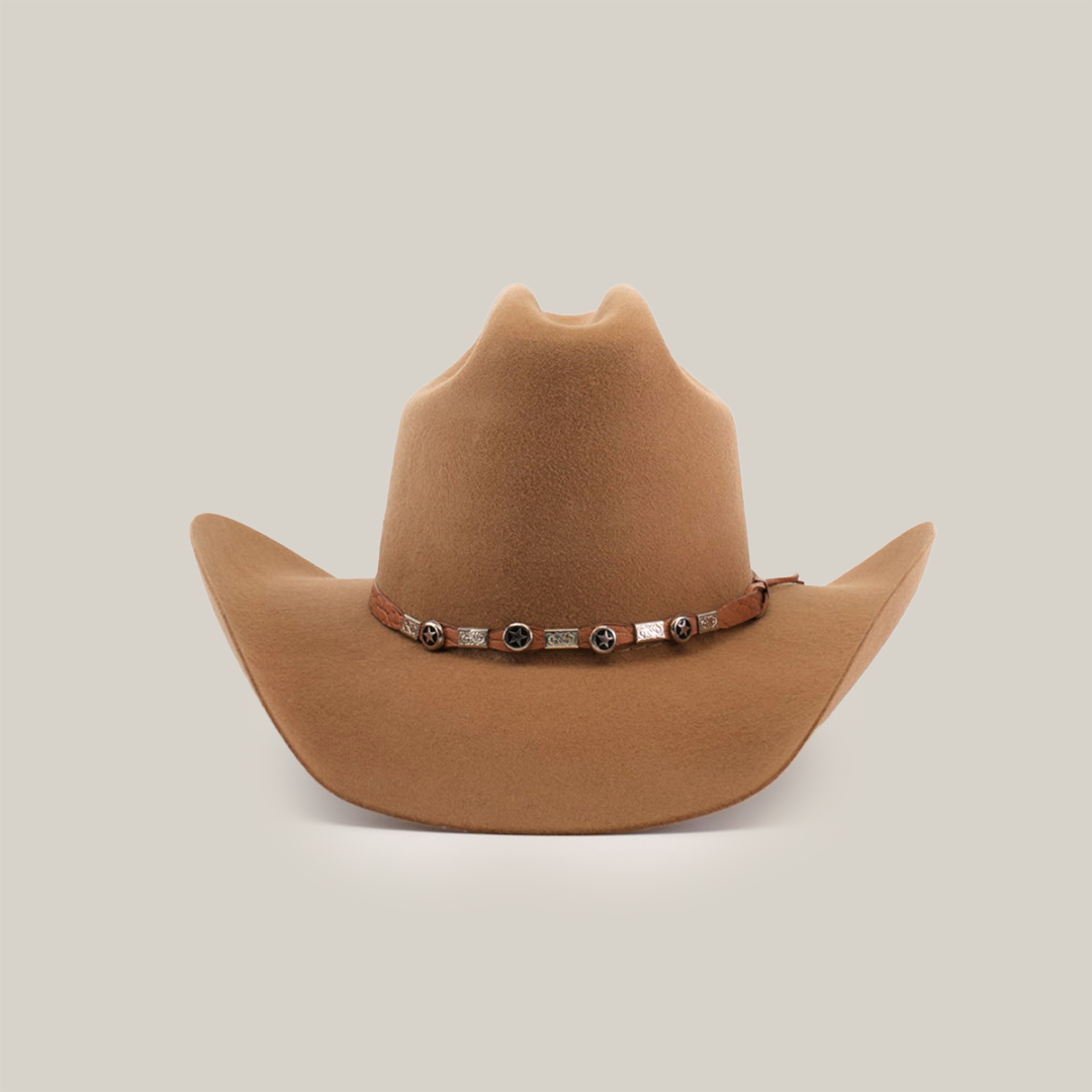 The 6X Leandro Fawn is a premium sheeps wool cowboy hat in light brown, featuring a wide brim and a decorative band with small metallic embellishments, elegantly displayed against a plain white background.