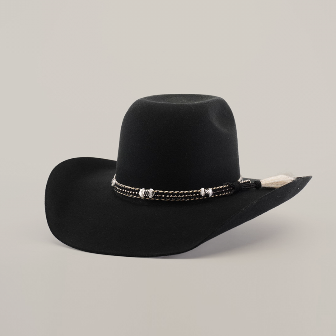 The 6X Brazil Black cowboy hat boasts a wide brim and is crafted from Brazil felt. It features a decorative braided band with silver accents and a small feather, capturing Western heritage against a plain white background.