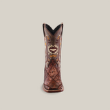 A single Exotic Python Patchwork Chocolate Square Toe boot is centered, showcasing exotic python leather with intricate tribal patterns and stitching on the shaft. It features a chocolate textured surface and a square toe, set against a plain white background.