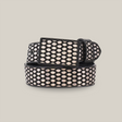 The Artisanal Handmade Silver Belt Hexagon features a luxurious black and white geometric pattern with hexagonal shapes and silver thread embroidery. The handcrafted belt showcases a unique design, complemented by a rectangular buckle of the same pattern against a plain white backdrop.