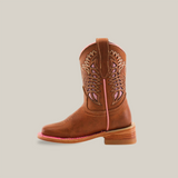 The Dube Tan Pink Outline - Square Toe cowboy boot is crafted from premium leather with intricate pink stitching, a pull strap, and a wooden heel. Displayed on a plain light background, it highlights detailed embroidery and its handcrafted design.