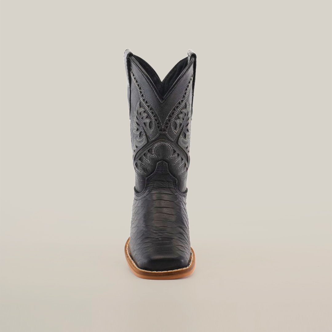 A single Python Print Black Square Toe boot is centered on a white background. Crafted from textured cowhide leather, it features intricate embroidery and a brown sole, showcasing elegance and style.