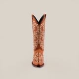 A single Cleo Honey Crystals cowboy boot with a snip toe stands upright against a plain white background, featuring intricate white floral embroidery that embodies Western style and showcases handcrafted artistry.