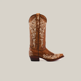 The Albine Crystals Camel boot, featuring intricate white embroidery on the shaft and foot, is a luxurious brown cowboy boot with a mid shaft and snip toe design, displayed from the side against a plain background.