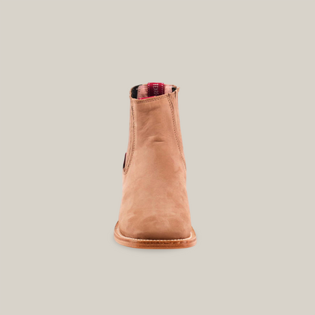 Front view of the Prime Suede Sand Square Toe boot, crafted in tan leather with a wooden sole, set against a plain white background. Ideal for adding cowboy fashion to your wardrobe.