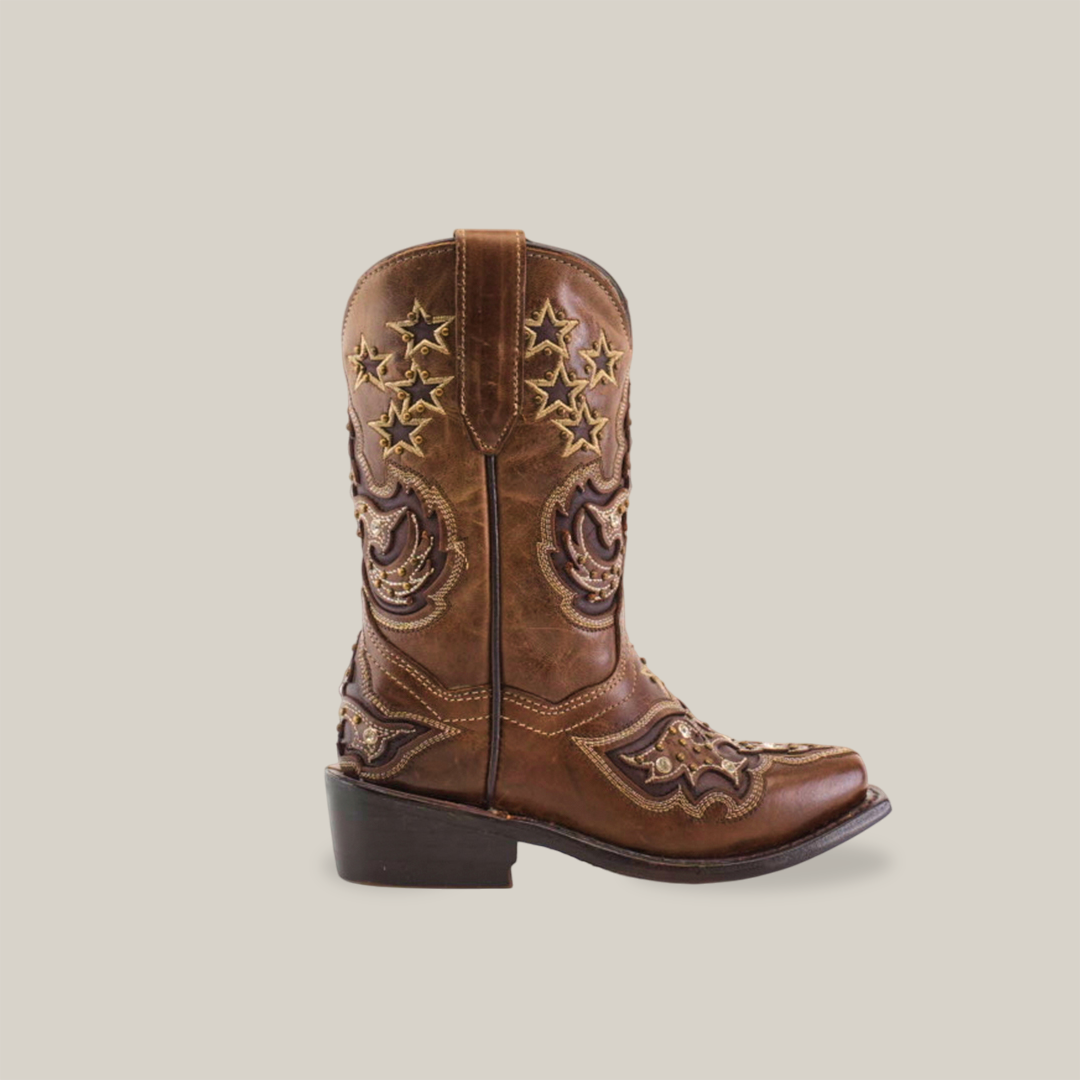 A brown cowboy boot made from premium cowhide leather with star and swirl embroidery, a low heel, and a pull strap; the Chantal Crystals Camel Snip Toe boot is showcased against a plain white background.