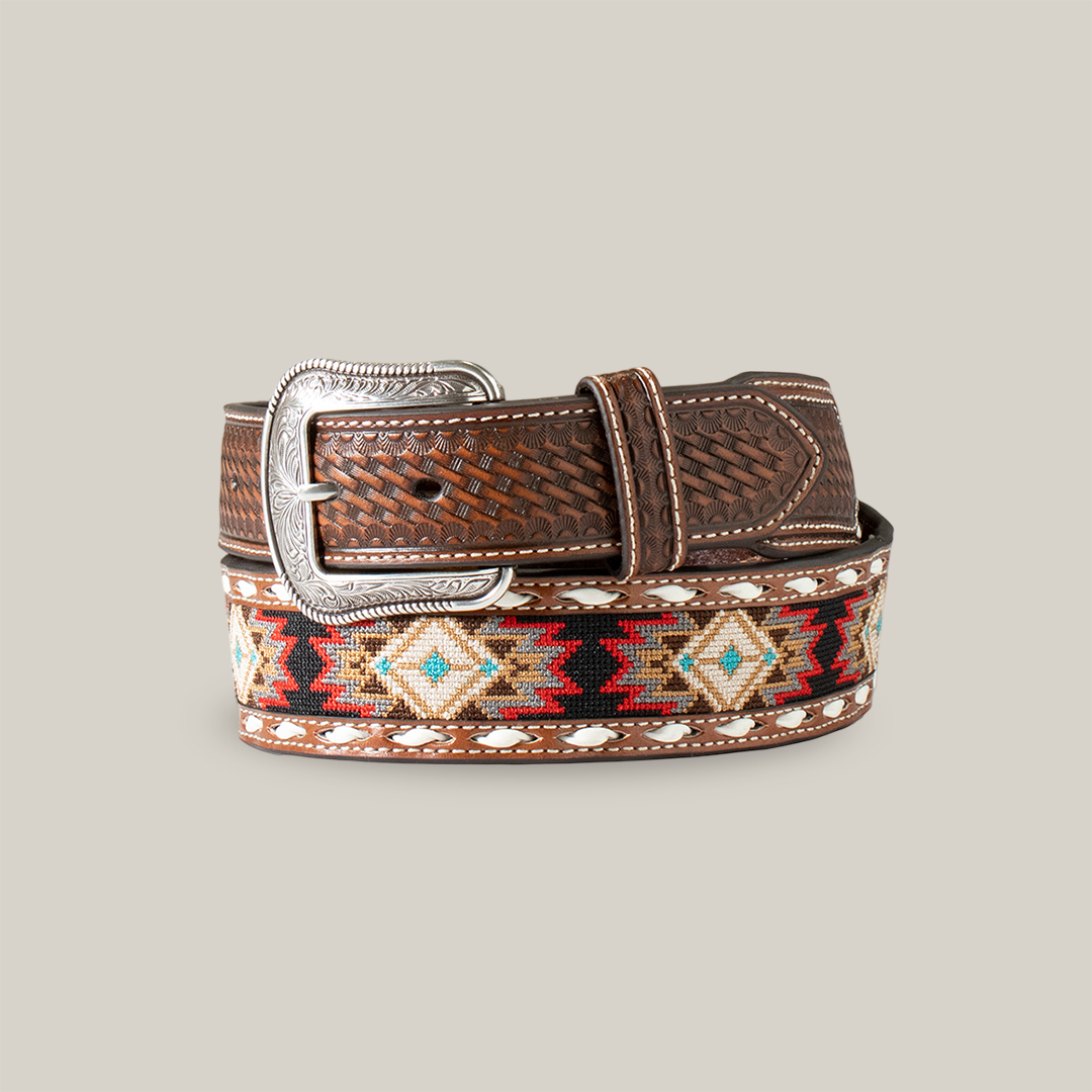 The 3D Western Mens Belt, model D100017202, is a sophisticated brown leather accessory with a silver buckle, featuring colorful red, blue, and beige woven geometric patterns. It includes intricate stitching and textured detailing for an elegant finish.