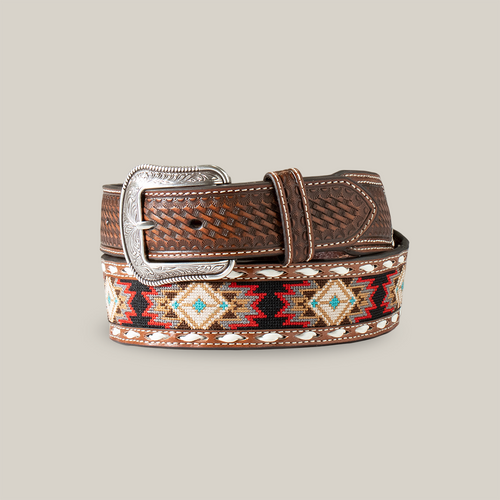 3D Western Mens Belt Leather Embroidered Inlay Tapered Weave Brown - D100017202