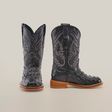 The Caiman Hornback Print Black Square Toe boots are expertly handcrafted from premium leather with intricate stitching. Set against a white background, one boot faces front and the other side, each featuring rich brown soles.